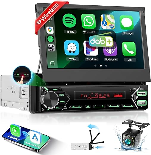 Podofo Autoradio 1 DIN (7" Motorisé) | CarPlay & Android Auto SANS FIL | DAB+ | Caméra de Recul