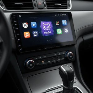 Autoradio Android affichant le logo Magisk pour le root système