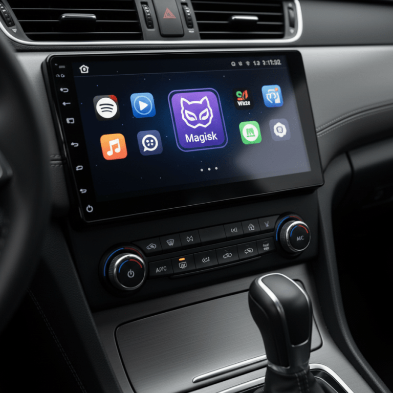 Autoradio Android affichant le logo Magisk pour le root système