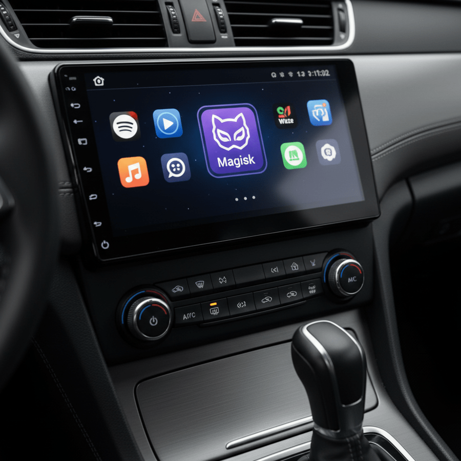 Autoradio Android affichant le logo Magisk pour le root système